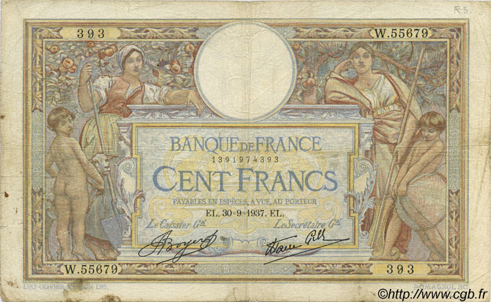 100 Francs LUC OLIVIER MERSON type modifié FRANCIA  1937 F.25.02 q.MB