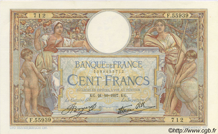 100 Francs LUC OLIVIER MERSON type modifié FRANCE  1937 F.25.03 XF+