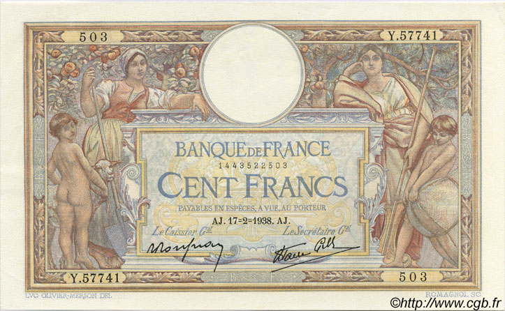 100 Francs LUC OLIVIER MERSON type modifié FRANCIA  1938 F.25.11 SPL a AU