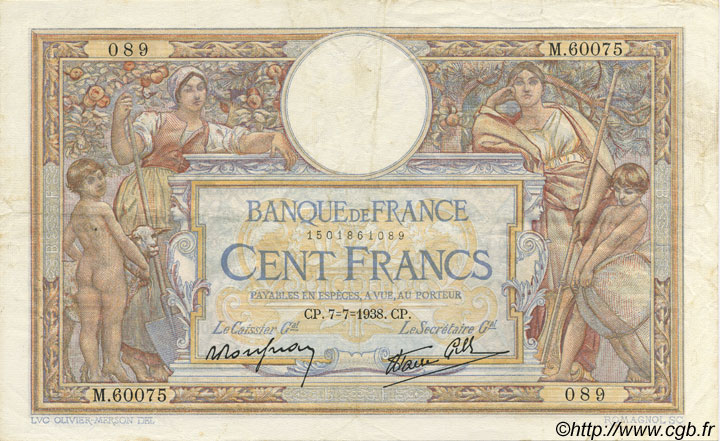 100 Francs LUC OLIVIER MERSON type modifié FRANKREICH  1938 F.25.25 fVZ