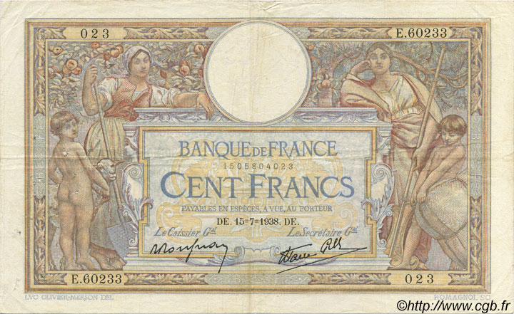 100 Francs LUC OLIVIER MERSON type modifié FRANCIA  1938 F.25.26 q.BB