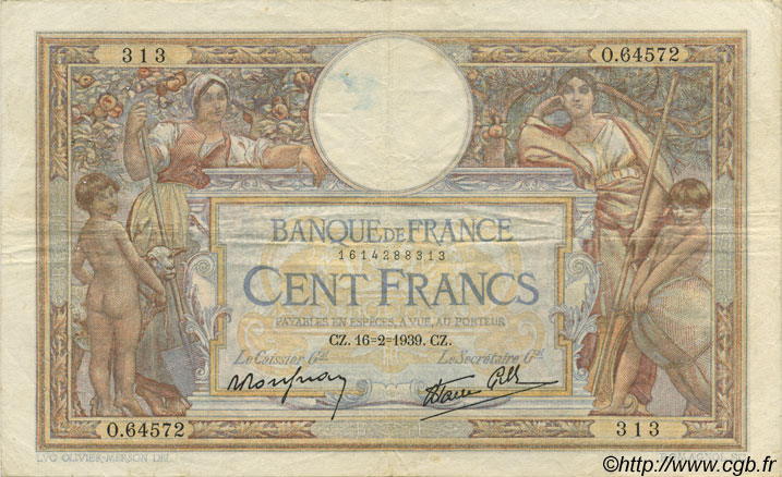 100 Francs LUC OLIVIER MERSON type modifié FRANKREICH  1939 F.25.43 fSS