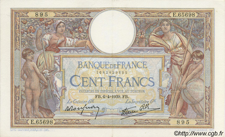 100 Francs LUC OLIVIER MERSON type modifié FRANCE  1939 F.25.45 XF+