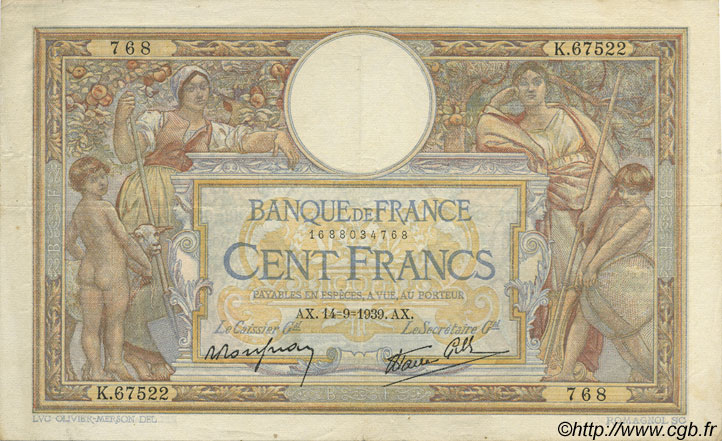 100 Francs LUC OLIVIER MERSON type modifié FRANCE  1939 F.25.49 VF+