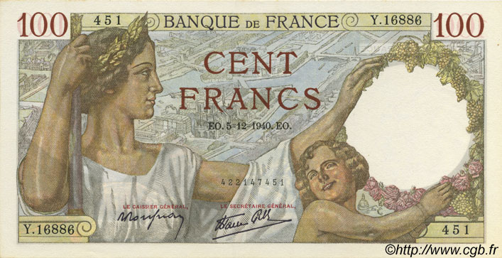 100 Francs SULLY FRANKREICH  1940 F.26.42 fST+