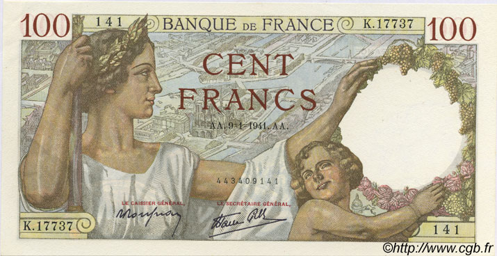 100 Francs SULLY FRANKREICH  1941 F.26.44 ST