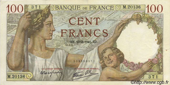 100 Francs SULLY FRANCE  1941 F.26.48 SUP