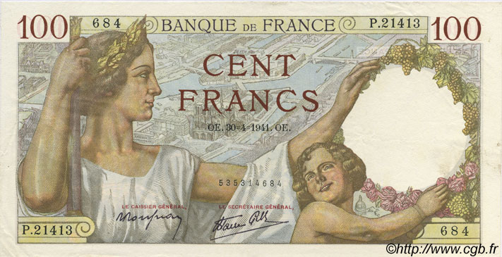 100 Francs SULLY FRANCIA  1941 F.26.51 SPL+