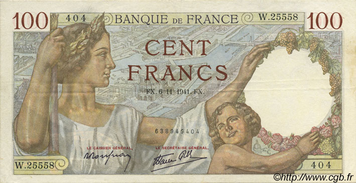 100 Francs SULLY FRANCE  1941 F.26.60 XF