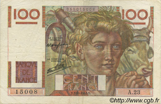 100 Francs JEUNE PAYSAN FRANKREICH  1945 F.28.01 fVZ