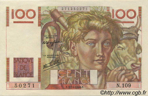 100 Francs JEUNE PAYSAN FRANCE  1946 F.28.09 UNC