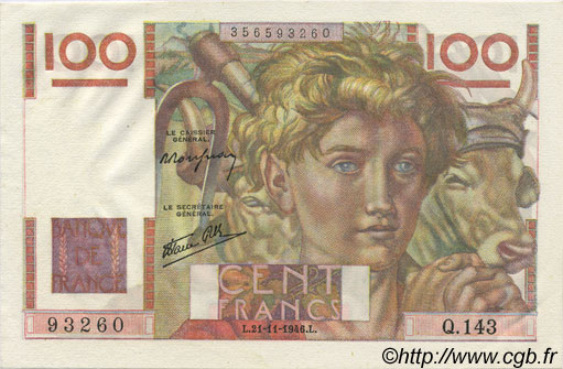 100 Francs JEUNE PAYSAN FRANCE  1946 F.28.11 NEUF