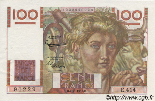 100 Francs JEUNE PAYSAN FRANCIA  1951 F.28.30 SC
