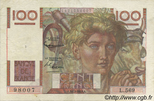 100 Francs JEUNE PAYSAN FRANCE  1953 F.28.40 TTB