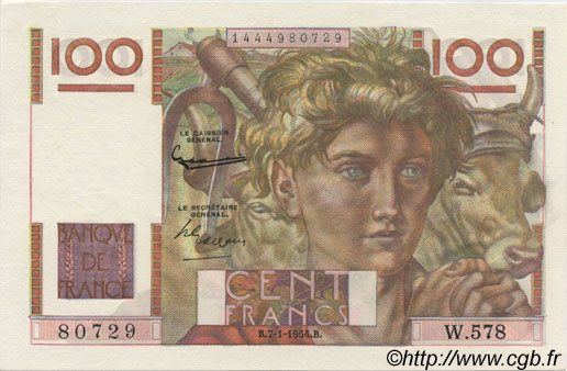 100 Francs JEUNE PAYSAN FRANCE  1954 F.28.41 UNC-