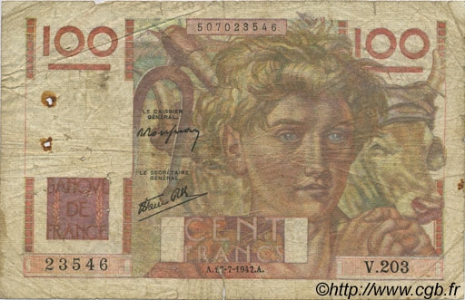 100 Francs JEUNE PAYSAN Favre-Gilly FRANCE  1947 F.28ter.01 AB