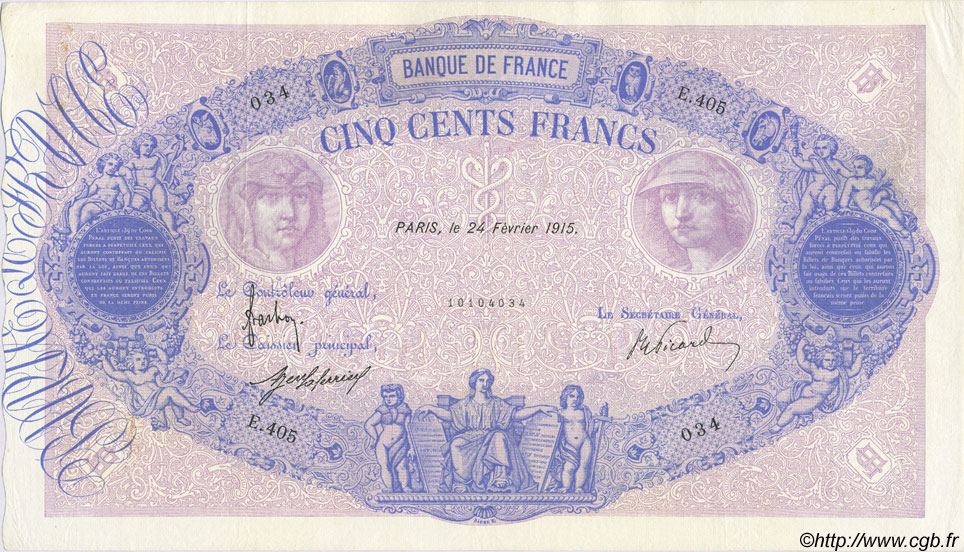 500 Francs BLEU ET ROSE FRANCIA  1915 F.30.22 MBC+