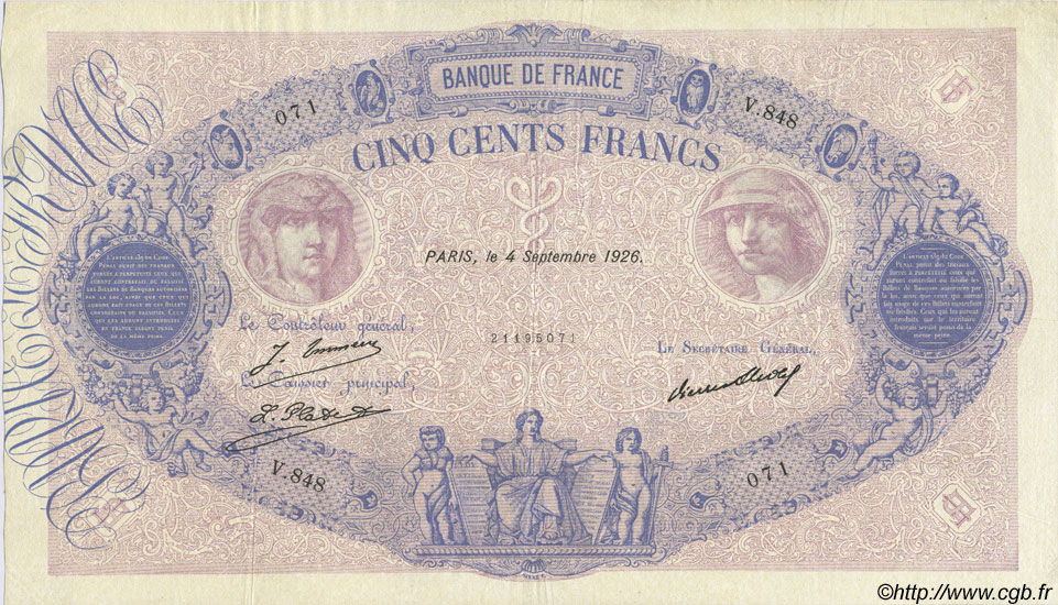 500 Francs BLEU ET ROSE FRANKREICH  1926 F.30.29 fVZ