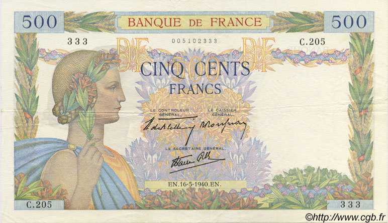 500 Francs LA PAIX FRANKREICH  1940 F.32.02 VZ+