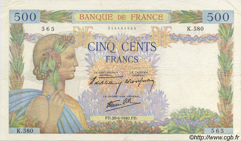 500 Francs LA PAIX FRANCE  1940 F.32.03 TTB