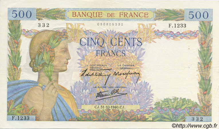 500 Francs LA PAIX FRANCIA  1940 F.32.08 BB