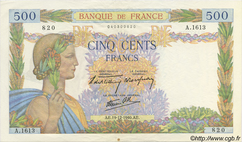 500 Francs LA PAIX FRANKREICH  1940 F.32.11 fST