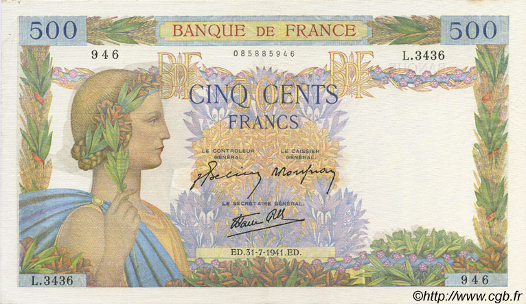 500 Francs LA PAIX FRANCE  1941 F.32.20 SUP+
