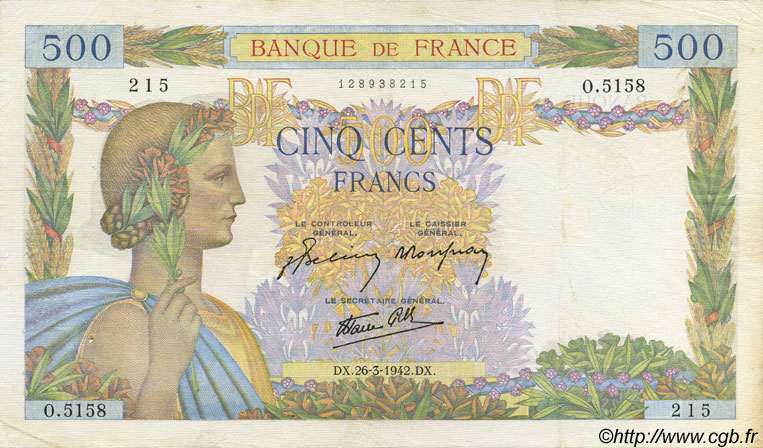 500 Francs LA PAIX FRANCE  1942 F.32.32 VF+