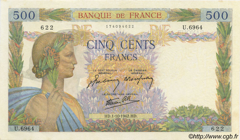 500 Francs LA PAIX FRANCIA  1942 F.32.41 EBC+