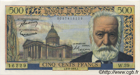 500 Francs VICTOR HUGO FRANKREICH  1954 F.35.03 fST+