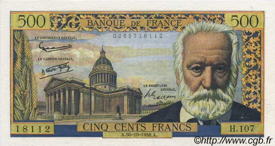 500 Francs VICTOR HUGO FRANCE  1958 F.35.11 AU