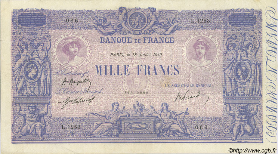 1000 Francs BLEU ET ROSE FRANCE  1919 F.36.34 VF