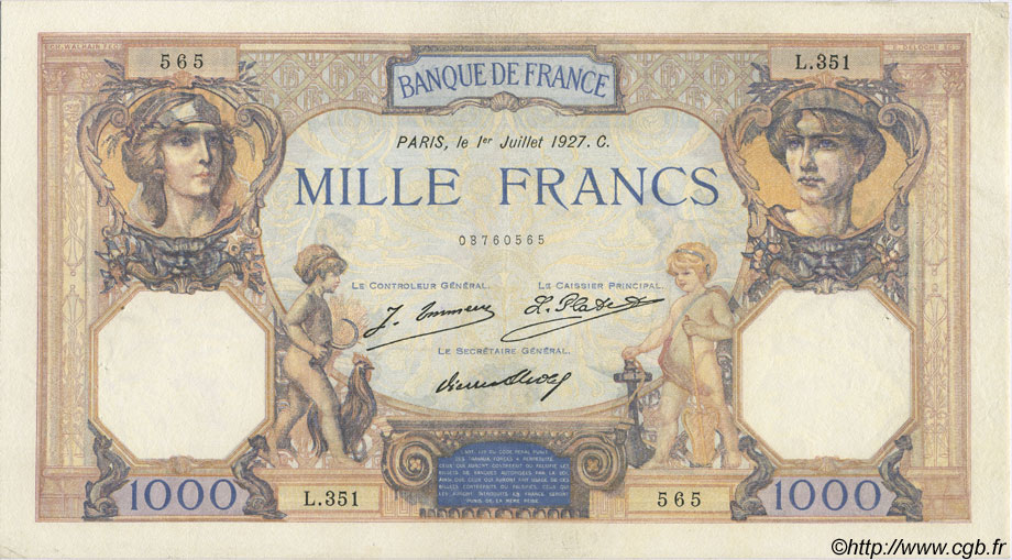 1000 Francs CÉRÈS ET MERCURE FRANCE  1927 F.37.01 VF