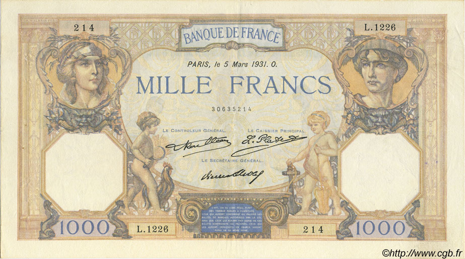 1000 Francs CÉRÈS et MERCURE FRANCIA  1931 F.37.06 MBC+