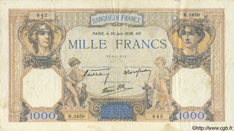 1000 Francs CÉRÈS ET MERCURE type modifié FRANCIA  1938 F.38.21 MBC