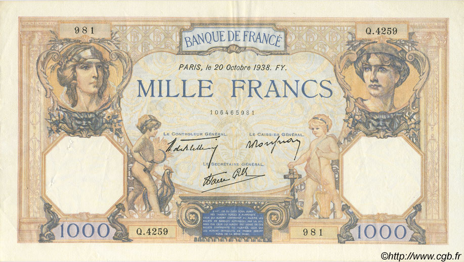 1000 Francs CÉRÈS ET MERCURE type modifié FRANCE  1938 F.38.30 XF