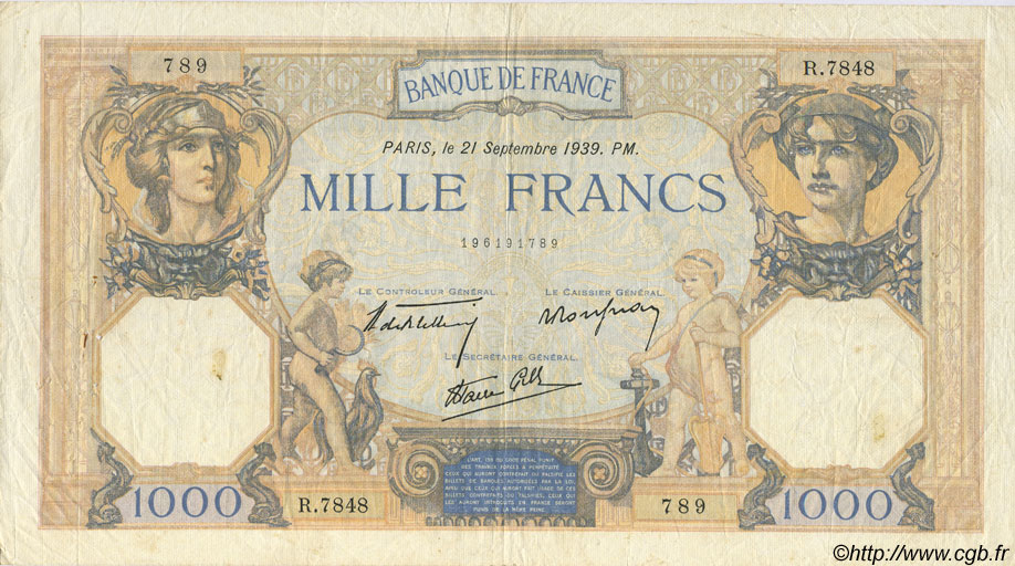 1000 Francs CÉRÈS ET MERCURE type modifié FRANCIA  1939 F.38.37 BC+
