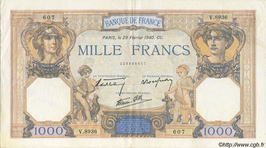 1000 Francs CÉRÈS ET MERCURE type modifié FRANCIA  1940 F.38.43 q.SPL