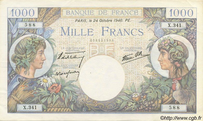 1000 Francs COMMERCE ET INDUSTRIE FRANCIA  1940 F.39.01 q.AU