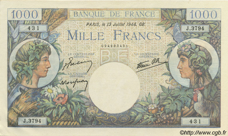 1000 Francs COMMERCE ET INDUSTRIE FRANCIA  1944 F.39.11 AU+