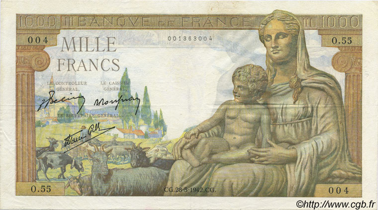 1000 Francs DÉESSE DÉMÉTER FRANCE  1942 F.40.01 VF - XF
