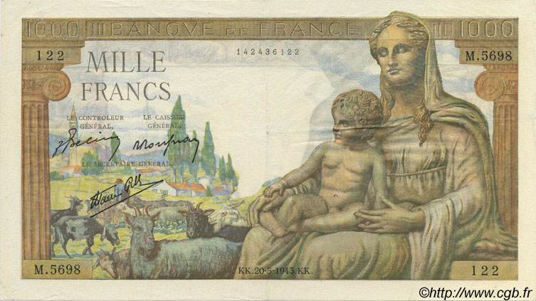 1000 Francs DÉESSE DÉMÉTER FRANCIA  1943 F.40.24 EBC+