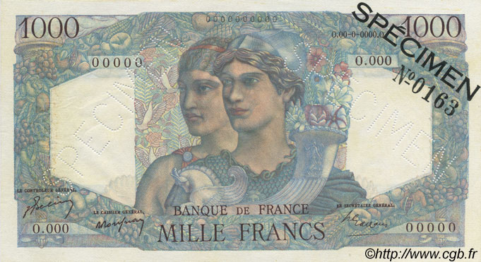 1000 Francs MINERVE ET HERCULE FRANKREICH  1948 F.41.19Spn fST