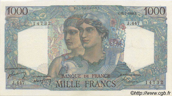 1000 Francs MINERVE ET HERCULE FRANKREICH  1948 F.41.22 fST