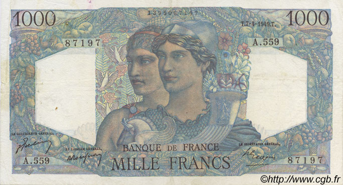 1000 Francs MINERVE ET HERCULE FRANKREICH  1949 F.41.26 SS