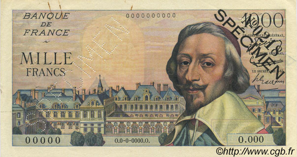 1000 Francs RICHELIEU FRANKREICH  1953 F.42.01Spn VZ+