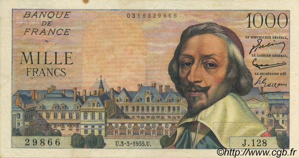 1000 Francs RICHELIEU FRANCE  1955 F.42.11 TTB