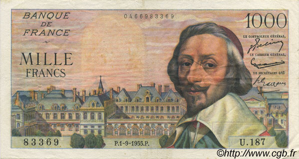 1000 Francs RICHELIEU FRANCE  1955 F.42.15 TTB+