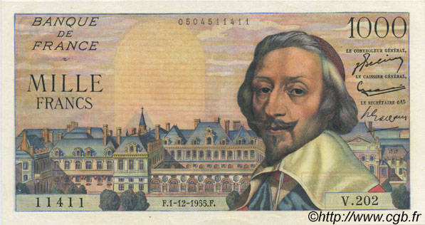 1000 Francs RICHELIEU FRANCIA  1955 F.42.17 EBC+