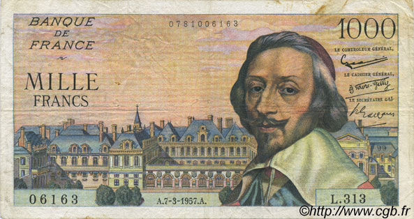 1000 Francs RICHELIEU FRANCE  1957 F.42.25 TB